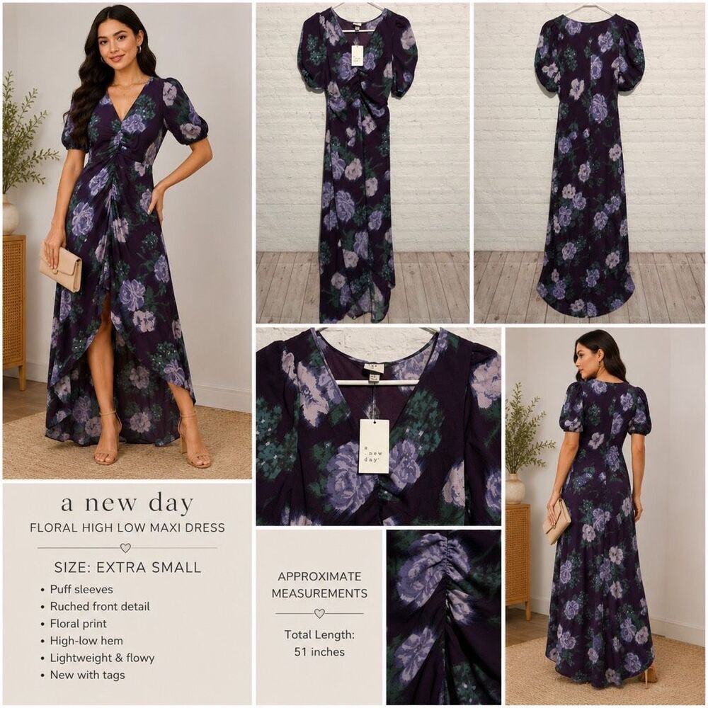 A New Day Floral High Low Maxi Dress Women’s XS Puff Sleeve Dress